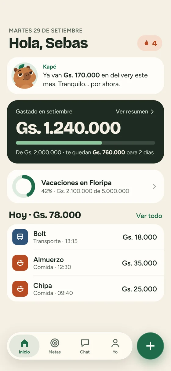 Pantalla de inicio: gastado en el mes y últimos gastos